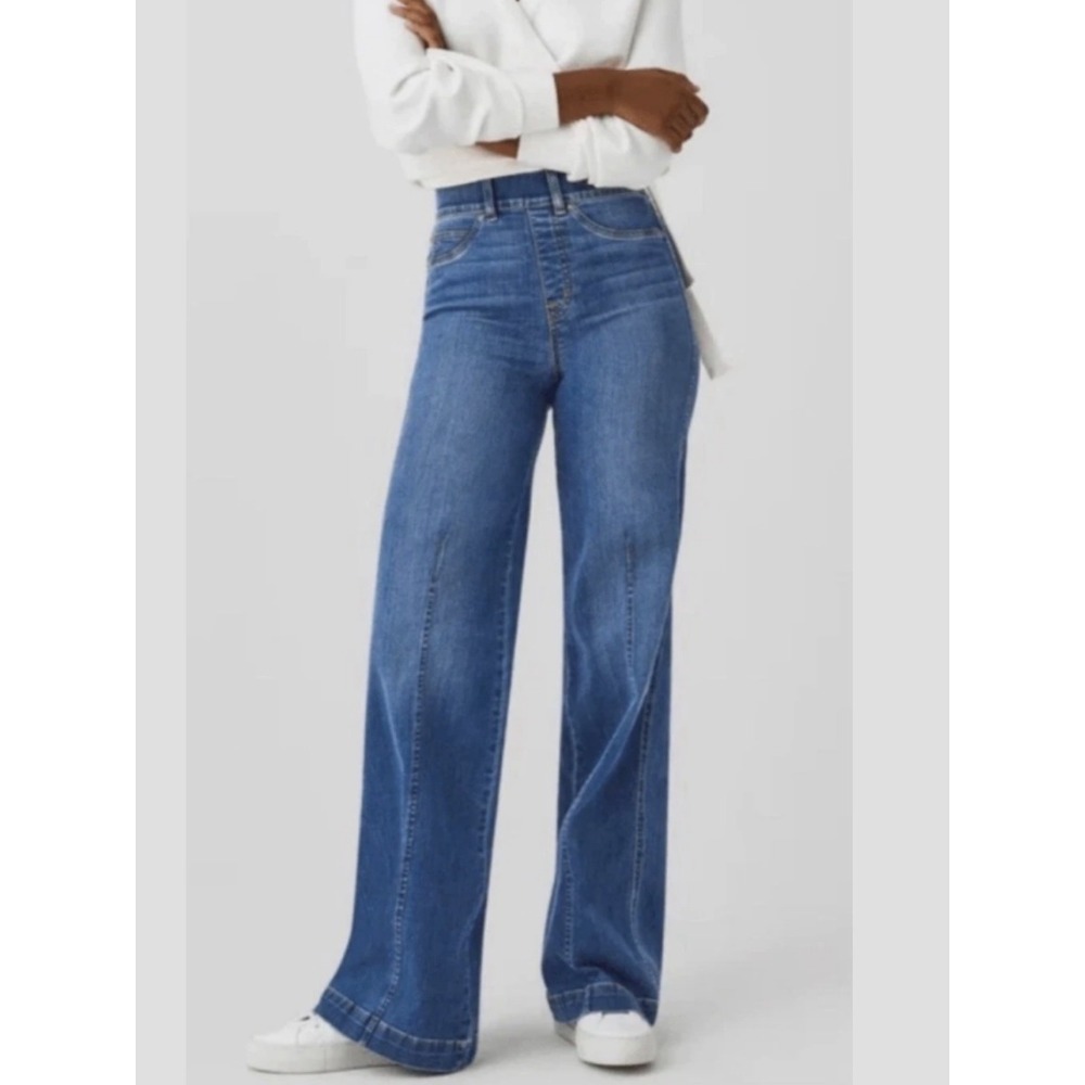 Spanx High Rise Wide Leg Jean Medium Wash Denim Pull On Shaping Slimming Stretch